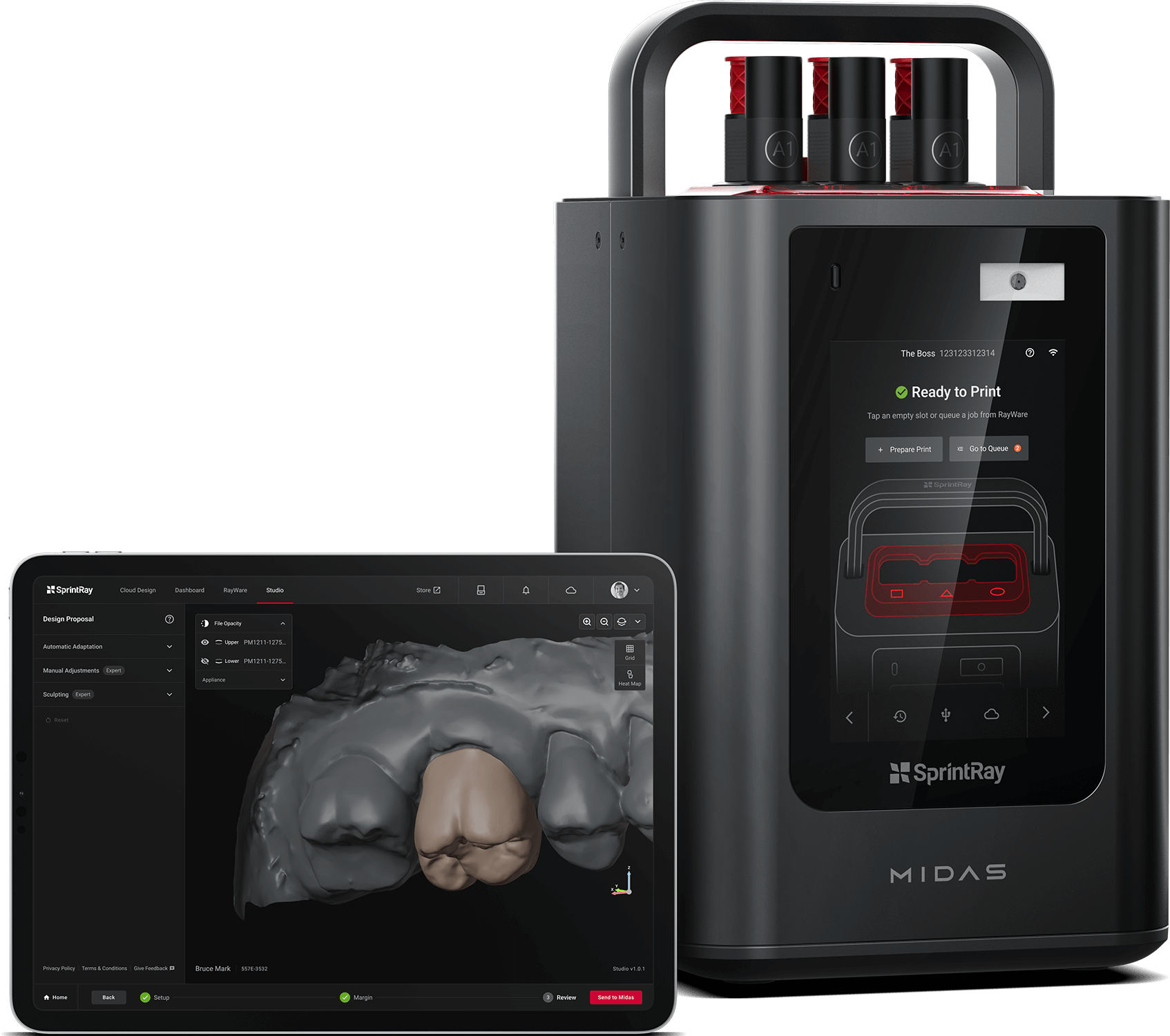 SprintRay Midas 3D-Drucker mit Tablet-Steuerung für digitale Zahnrestaurationen.
